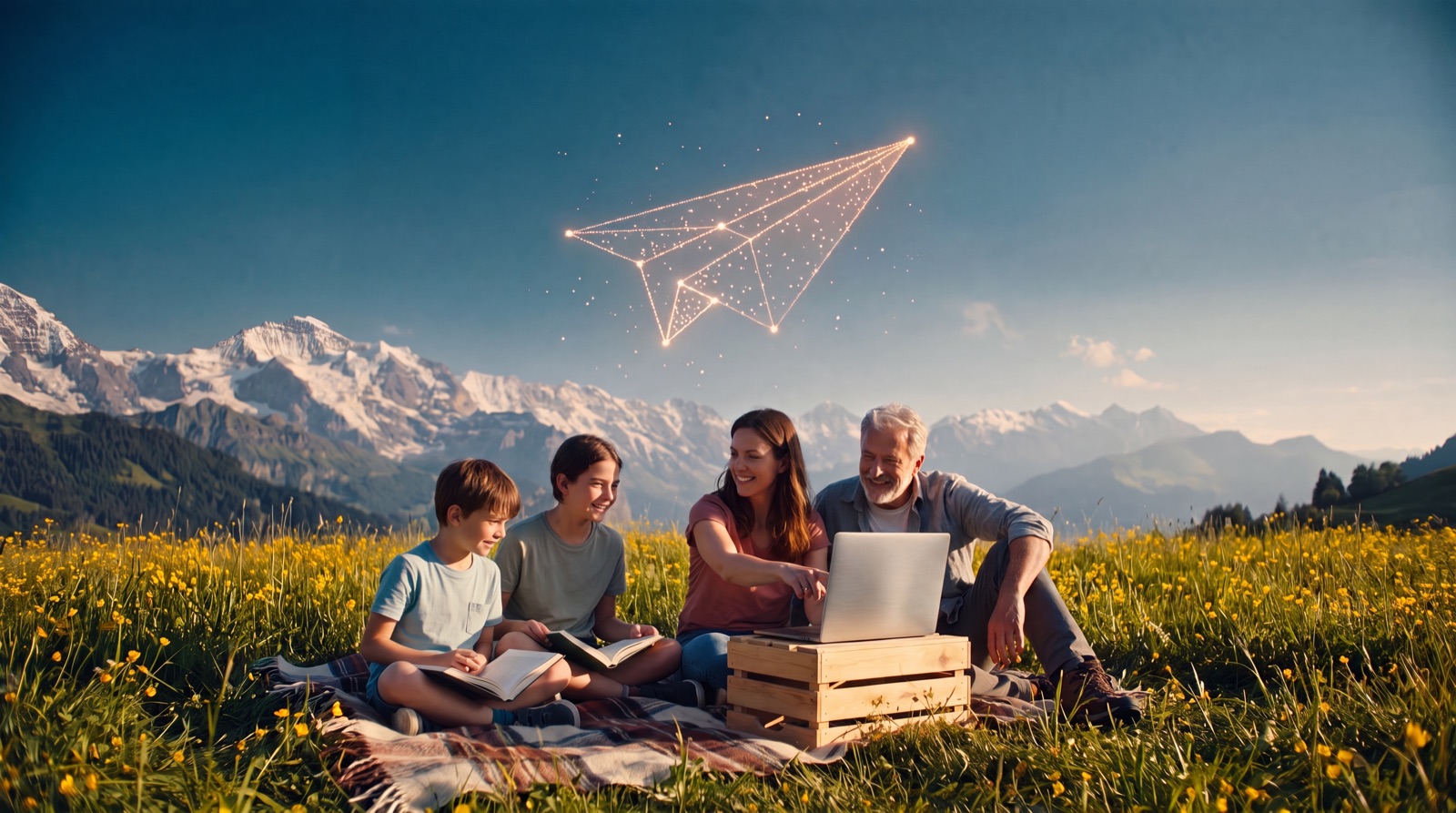 Zwei Kinder und zwei Erwachsene lernen gemeinsam auf einer Schweizer Alpwiese mit Büchern und Laptop